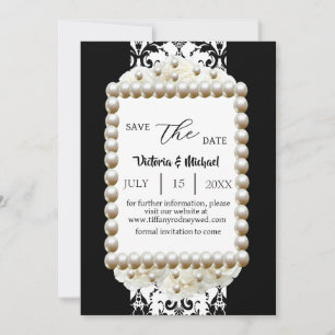 Chic Black & White Damask Pearl Save-The-Date Invitation