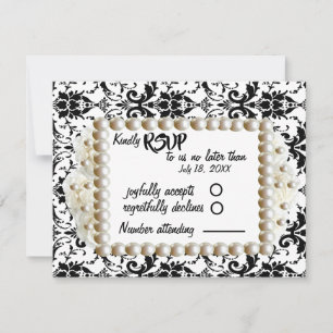 Chic Black $ White Damask Pearl Wedding RSVP Card