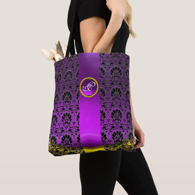 CHIC BLACK WHITE DAMASK ,PURPLE GEMSTONE MONOGRAM TOTE BAG (Close Up)
