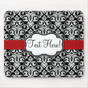 Chic Black/White Damask Red Ribbon Mouse Pad
