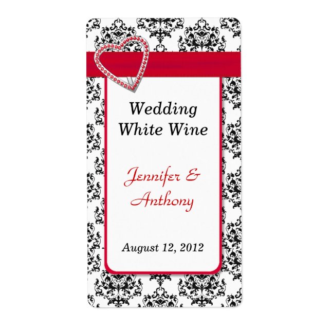 Chic Black & White Damask Wedding Wine Labels (Front)