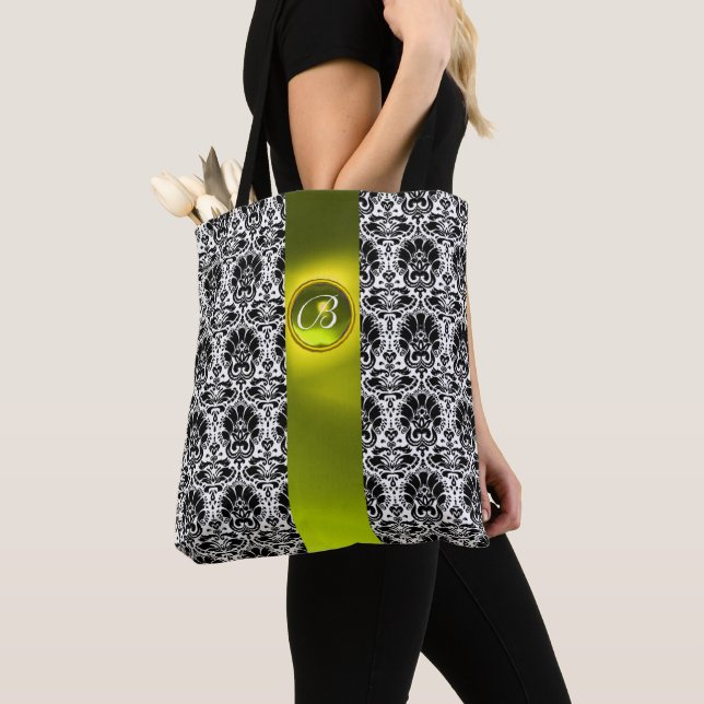 CHIC BLACK WHITE DAMASK ,YELLOW GEMSTONE MONOGRAM TOTE BAG (Close Up)