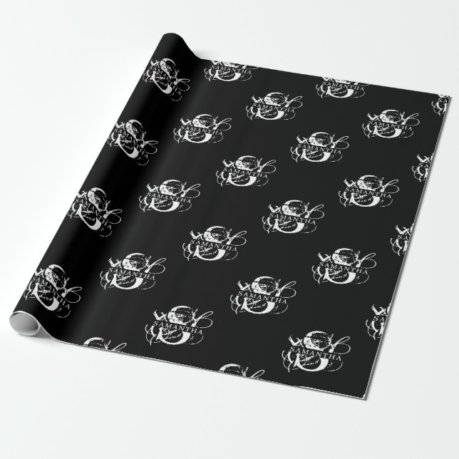 Chic Black & White Distressed Script Monogram Wrapping Paper (Unrolled)