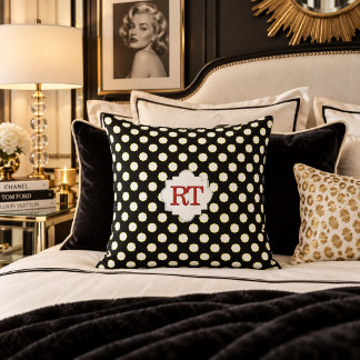 Chic Black White Dot Monogram Throw Pillow