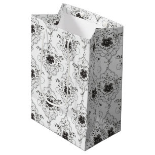 Chic Black & White Faux Lace Flowers Bridal Shower Medium Gift Bag