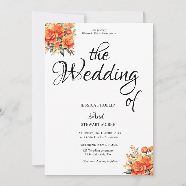 Chic black white floral all in one calligraphy  invitation (Front)