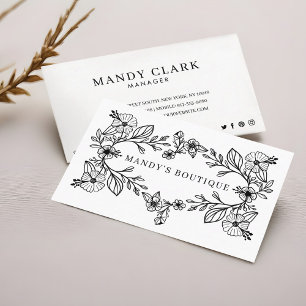 Chic Black & White Floral Botanical Floral Wreath  Business Card