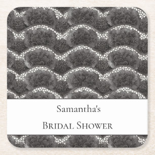 Chic Black White Floral Bridal Shower Square Paper Coaster