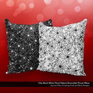 Chic Black White Floral Pattern Reversible Cushion