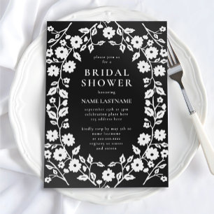 Chic Black White Folk Floral Elegant Bridal Shower Invitation