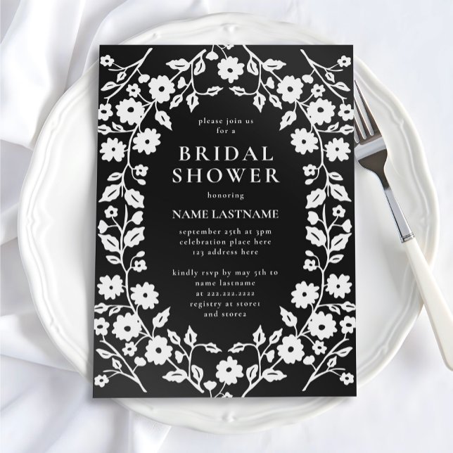 Chic Black White Folk Floral Elegant Bridal Shower Invitation (Creator Uploaded)