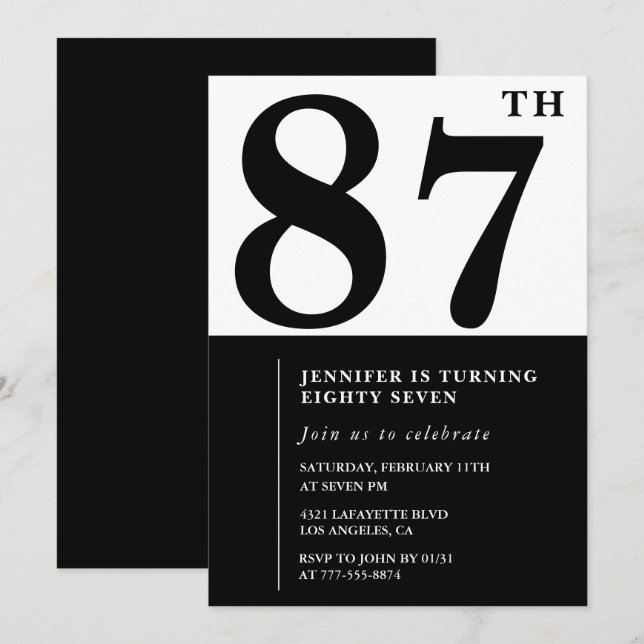 Chic Black White for her 87th birthday Invitation (Front/Back)