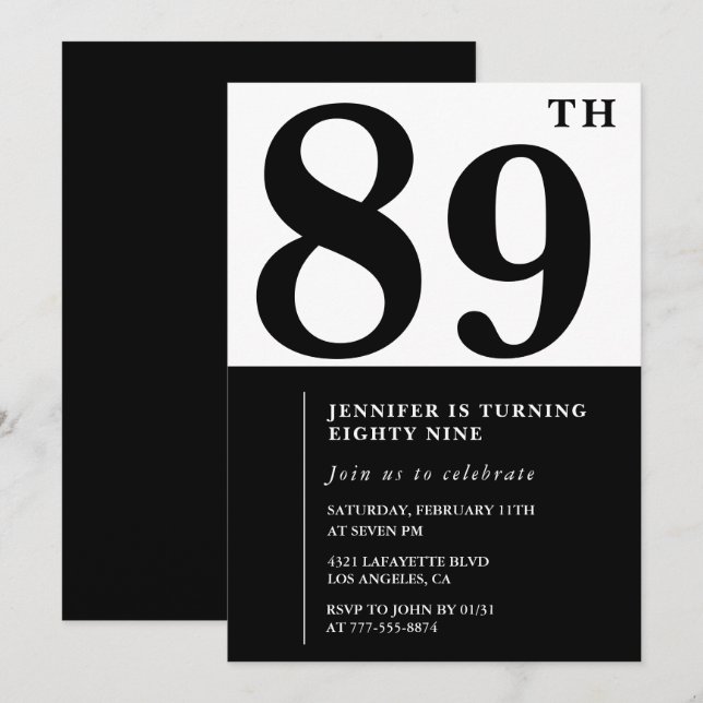 Chic Black White for her 89th birthday Invitation (Front/Back)