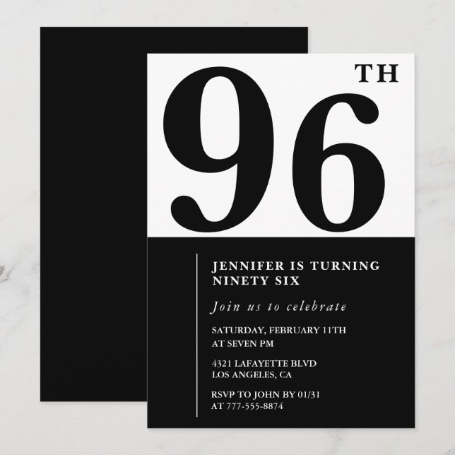 Chic Black White for her 96th birthday Invitation (Front/Back)