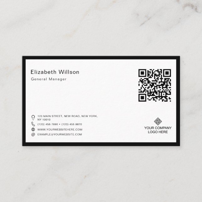 Chic Black & White Frame Business Logo QR Code Business Card (Front)