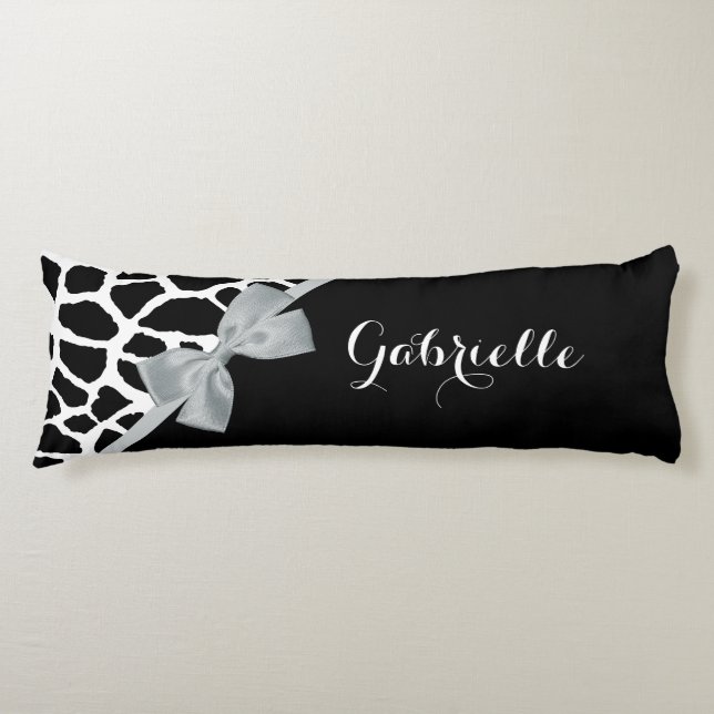 Chic Black White Giraffe Print Silver Bow and Name Body Cushion (Front)
