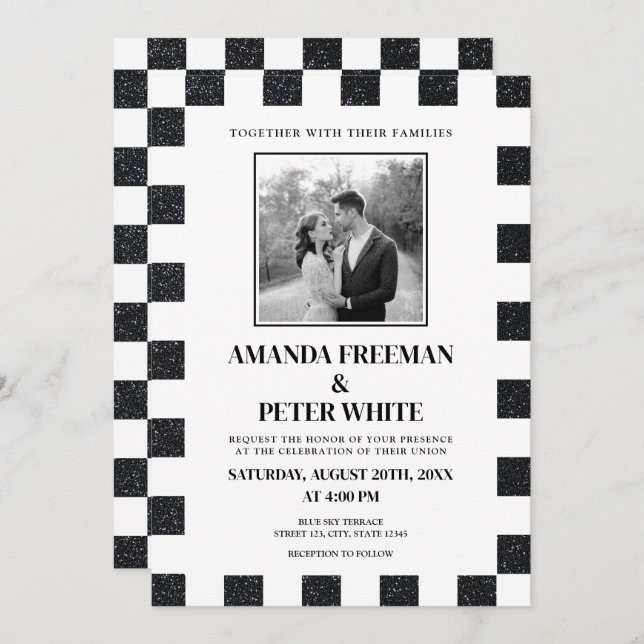 Chic Black & White Glitter Chequerboard Wedding Invitation (Front/Back)