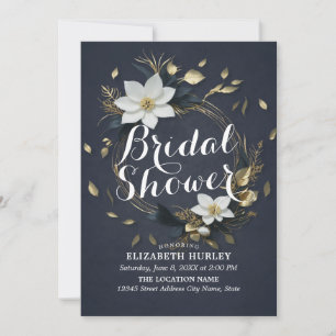 Chic Black White Gold Floral Wreath Bridal Shower Invitation