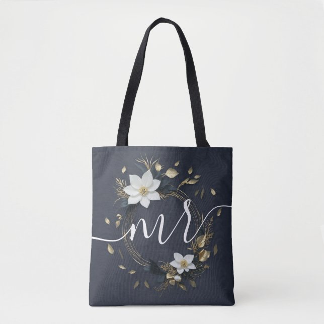 Chic Black White Gold Floral Wreath Wedding Groom Tote Bag (Front)