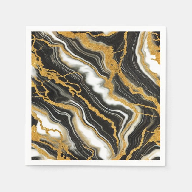  Chic Black White Gold Marble Look Glam Wedding  Napkin (Front)