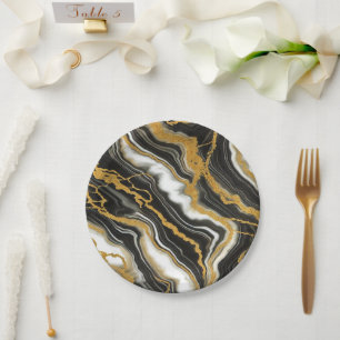 Chic Black White Gold Marble Look Glam Wedding Paper Plate