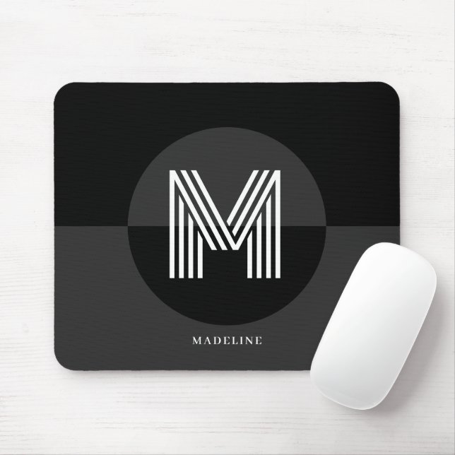Chic Black White Grey Geometric Modern Monogram Mouse Pad (With Mouse)