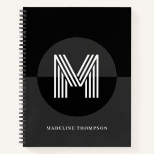 Chic Black White Grey Geometric Modern Monogram Notebook