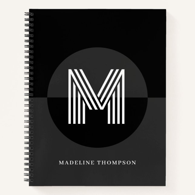 Chic Black White Grey Geometric Modern Monogram Notebook (Front)