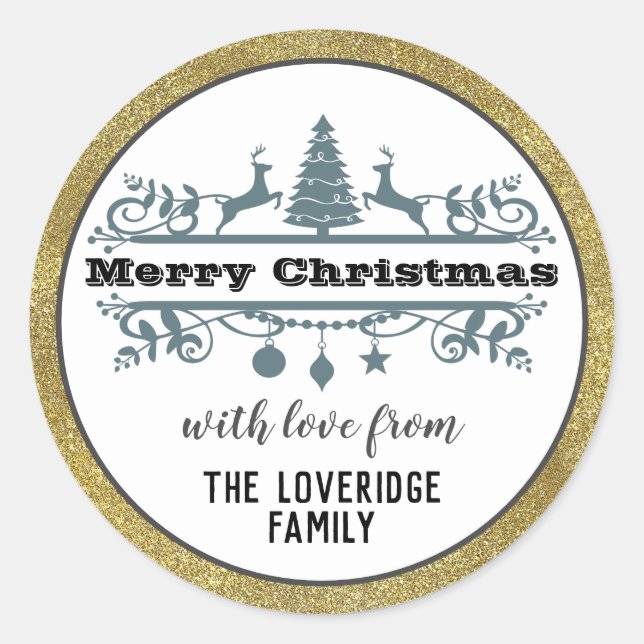 Chic Black White Grey Merry Christmas Gold Glitter Classic Round Sticker (Front)