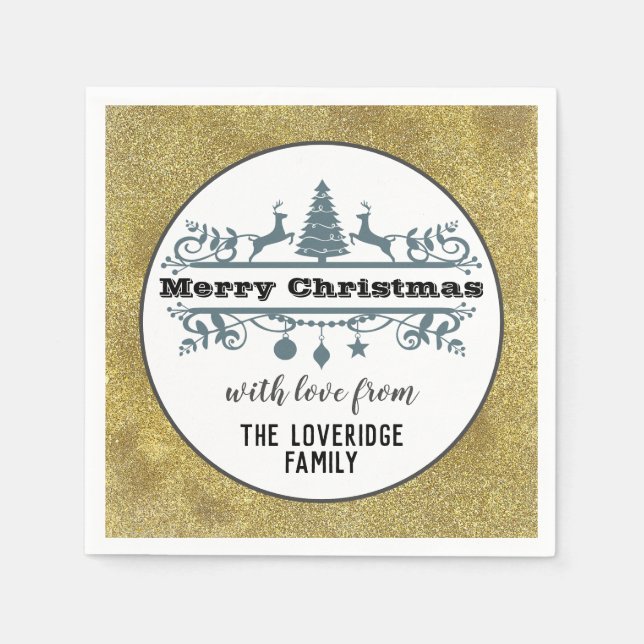 Chic Black White Grey Merry Christmas Gold Glitter Napkin (Front)