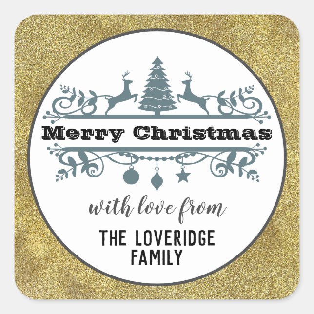 Chic Black White Grey Merry Christmas Gold Glitter Square Sticker (Front)