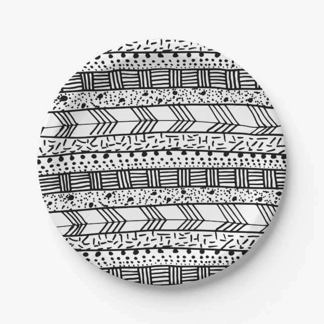 Chic black white hand drawn tribal pattern paper plate (Front)