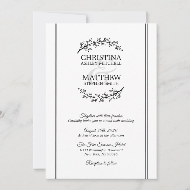 Chic Black White Laurel Wreath Branches WEDDING Invitation (Front)