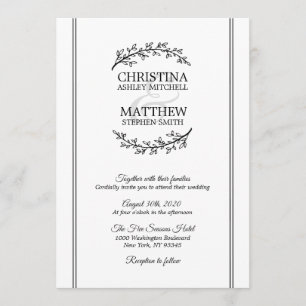 Chic Black White Laurel Wreath Branches WEDDING Invitation