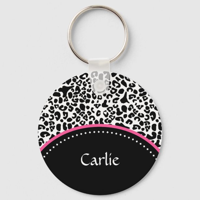 Chic Black White Leopard Print Pink Accent Name Key Ring (Front)
