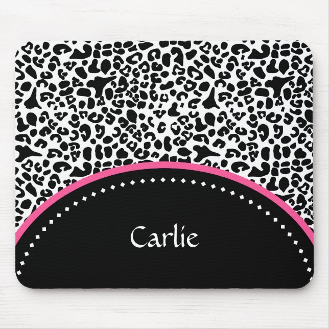 Chic Black White Leopard Print Pink Accent Name Mouse Pad (Front)