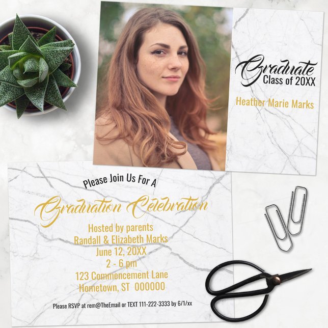 Chic Black White Marble Gold Photo Graduation Invitation (Creator Uploaded)