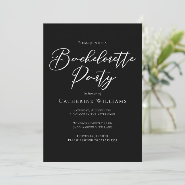 Chic Black White Minimalist Bachelorette Party Invitation (Standing Front)