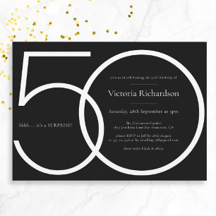 Chic Black White Minimalist Surprise 50th Birthday Invitation