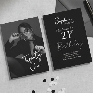 Chic Black & White Modern21st Photo Birthday Invitation