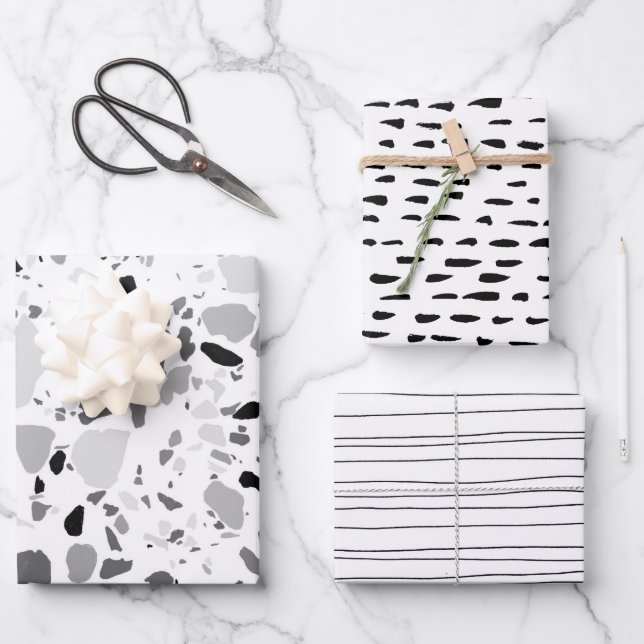 Chic Black & White Modern Patterns Terrazzo Inky Wrapping Paper Sheet (Front)