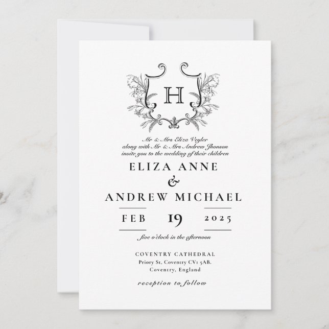 ChIc Black White Monogram Crest Wedding Invitation (Front)