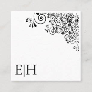 Chic Black White Monogram Floral Scroll   Square Business Card