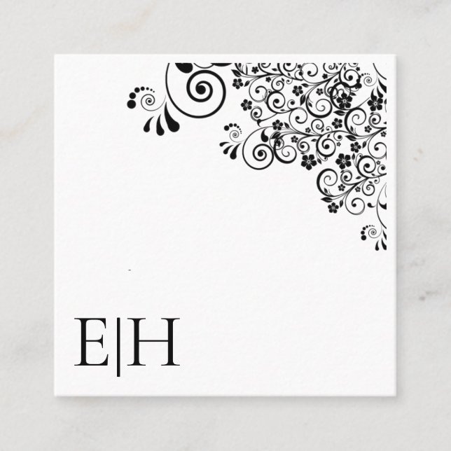 Chic Black White Monogram Floral Scroll   Square Business Card (Front)