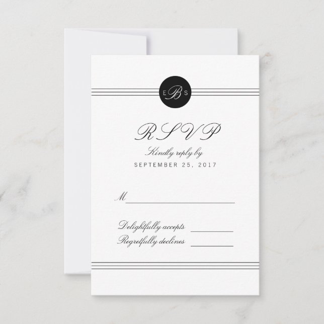 Chic Black White Monogram Response RSVP Card (Front)