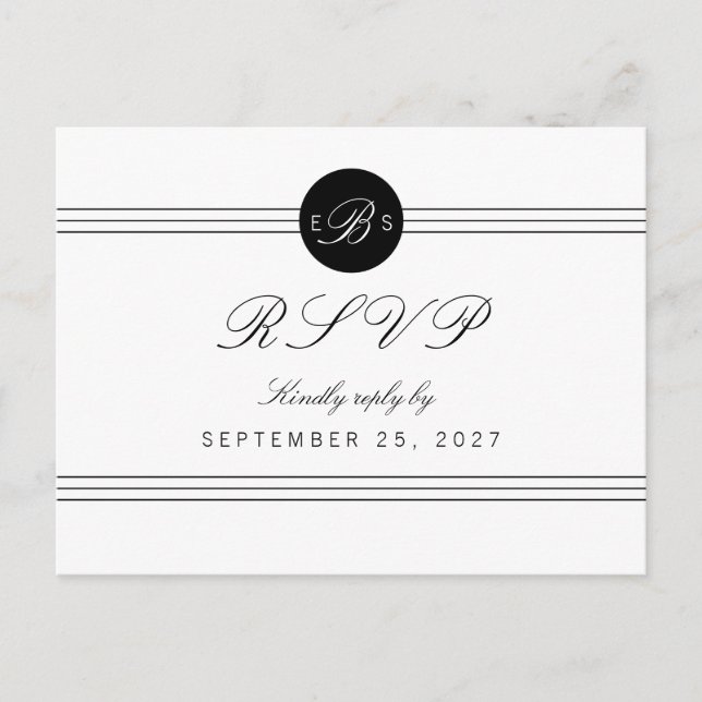 Chic Black White Monogram Response RSVP Postcard (Front)