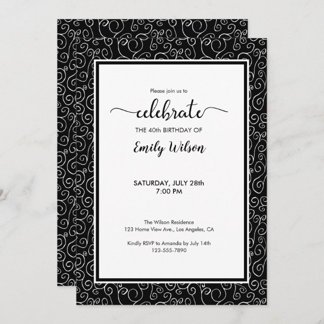 Chic Black White Pattern 40th Birthday Invitation (Front/Back)