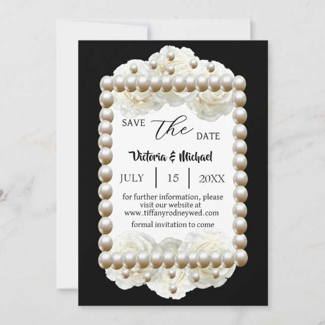 Chic Black & White Pearl Save-The-Date Invitation (Front)