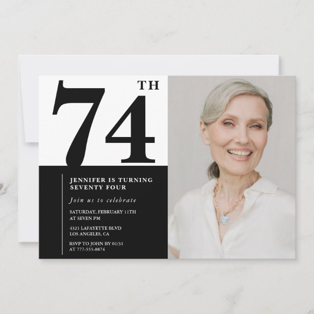 Chic Black White Photo 74th Birthday Invitation (Front)