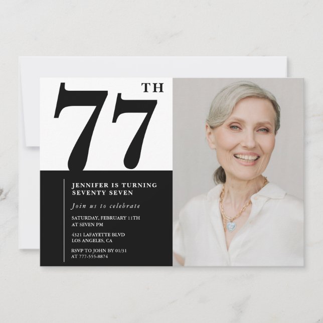 Chic Black White Photo 77th Birthday Invitation (Front)